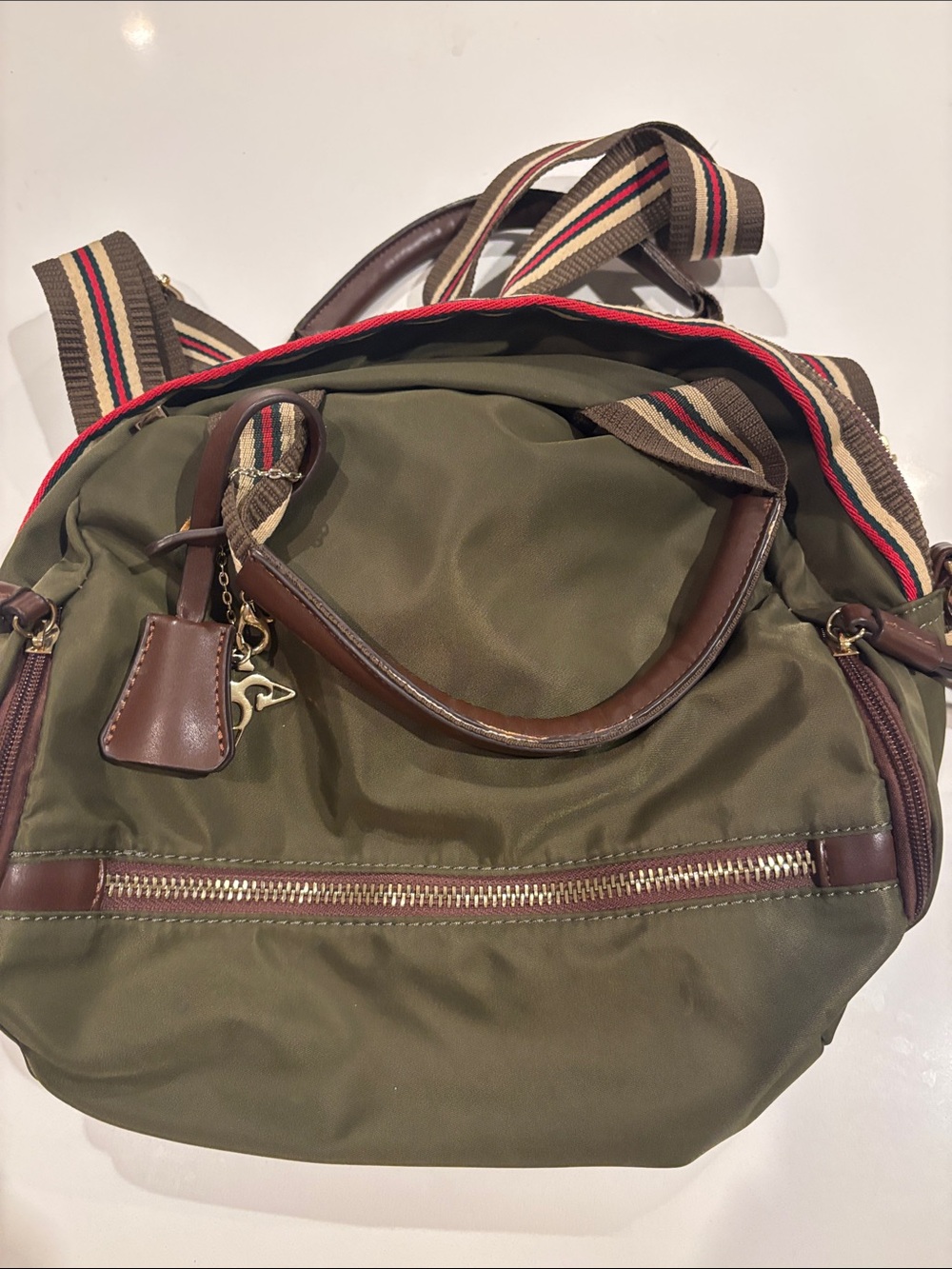 Anna Cecere Olive Green Bag with Striped Shoulder Strap